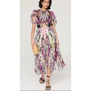 Floral Puff-Sleeve Midi Dress in Violet Multi